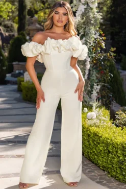 Enchanted | Ivory Puff Bardot Wide Leg Jumpsuit