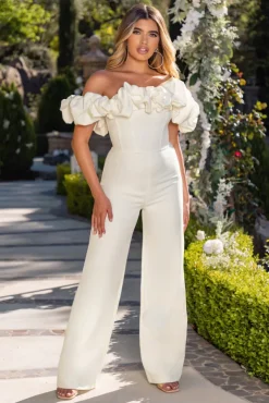 Enchanted | Ivory Puff Bardot Wide Leg Jumpsuit