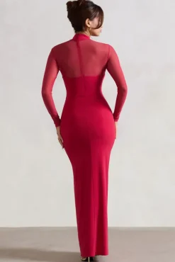 Enchantress | Red High-Neck Split Maxi Dress With Mesh Sleeves
