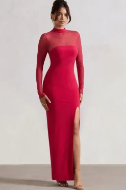 Enchantress | Red High-Neck Split Maxi Dress With Mesh Sleeves