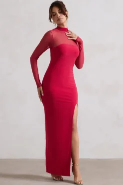 Enchantress | Red High-Neck Split Maxi Dress With Mesh Sleeves