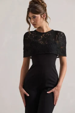 Endless | Black Flared-Leg Jumpsuit With Lace Overlay