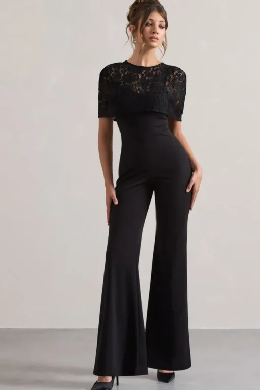 Endless | Black Flared-Leg Jumpsuit With Lace Overlay