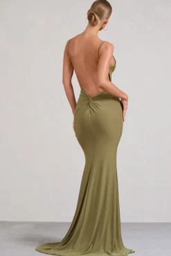 Endless Love | Olive Backless Knot Detail Fishtail Maxi Dress
