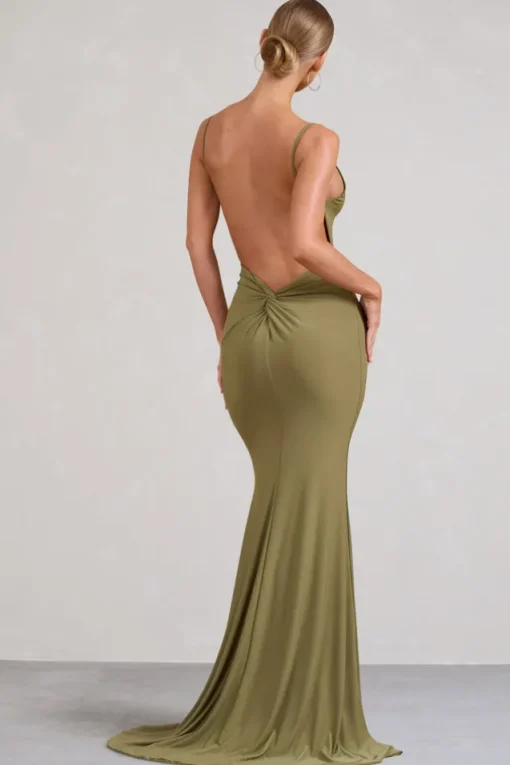 Endless Love | Olive Backless Knot Detail Fishtail Maxi Dress