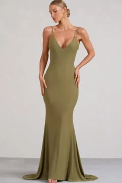 Endless Love | Olive Backless Knot Detail Fishtail Maxi Dress