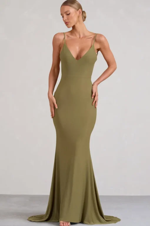 Endless Love | Olive Backless Knot Detail Fishtail Maxi Dress