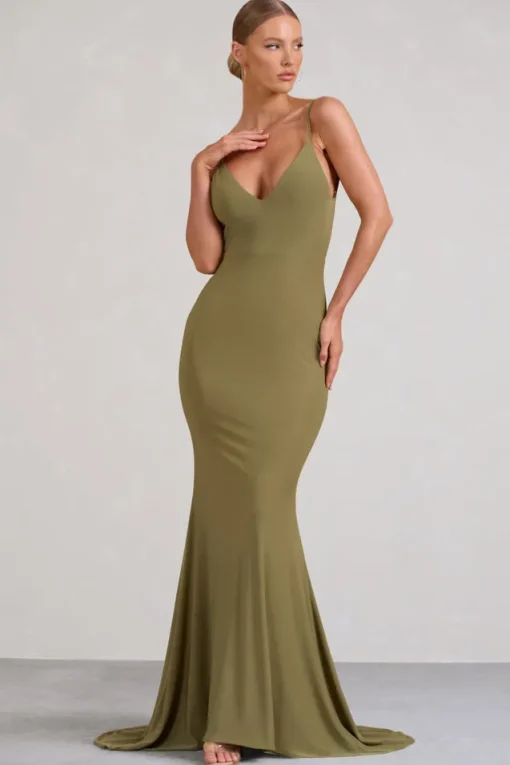 Endless Love | Olive Backless Knot Detail Fishtail Maxi Dress