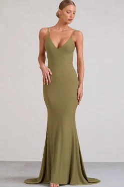 Endless Love | Olive Backless Knot Detail Fishtail Maxi Dress