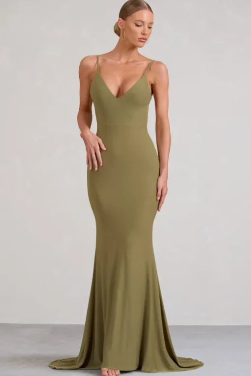 Endless Love | Olive Backless Knot Detail Fishtail Maxi Dress