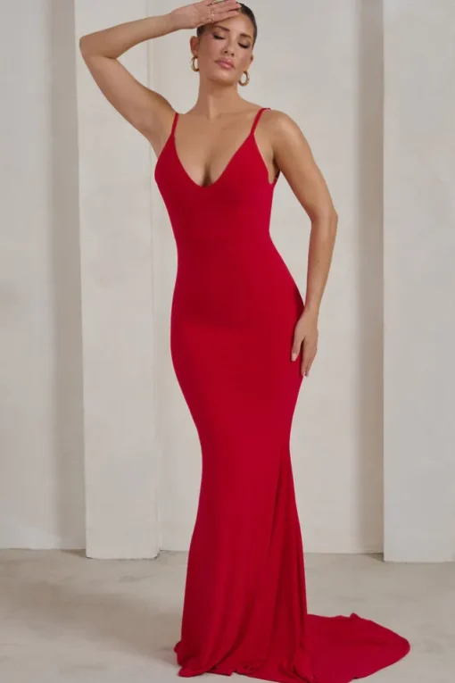 Endless Love | Red Backless Knot Detail Fishtail Maxi Dress