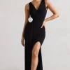 Endora | Black Split Maxi Dress With Corsage u0026 Drape