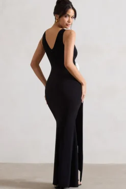 Endora | Black Split Maxi Dress With Corsage u0026 Drape