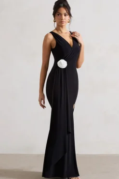 Endora | Black Split Maxi Dress With Corsage u0026 Drape