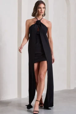 Enigmatic | Black Halter-Neck Draped Mini Dress With Floral Corsage