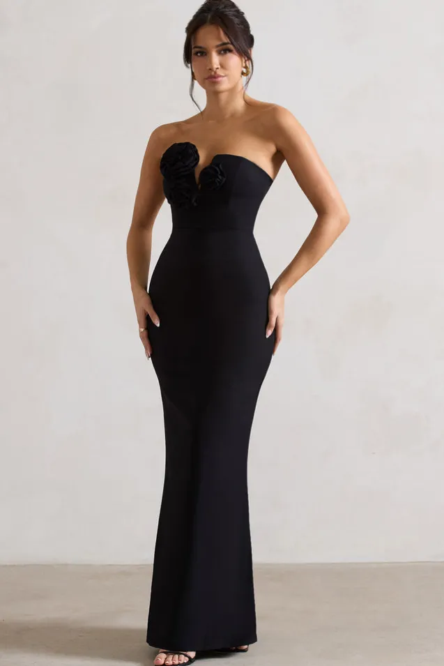 Enticed | Black Strapless V-Neck Maxi Dress With Flowers