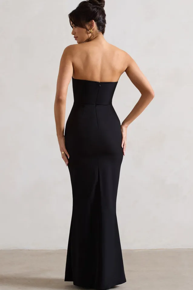 Enticed | Black Strapless V-Neck Maxi Dress With Flowers