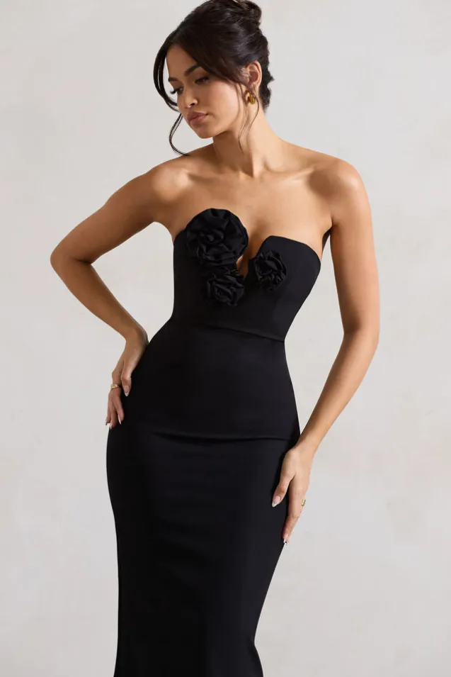 Enticed | Black Strapless V-Neck Maxi Dress With Flowers