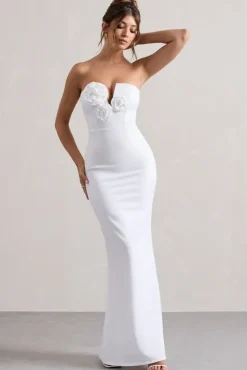 Enticed | White Strapless V-Neck Maxi Dress With Flowers