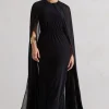 Envy | Black Gathered Maxi Dress With Chiffon Cape