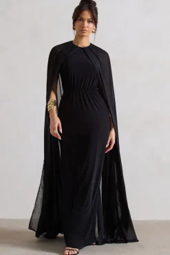 Envy | Black Gathered Maxi Dress With Chiffon Cape
