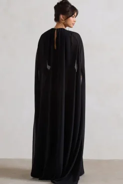 Envy | Black Gathered Maxi Dress With Chiffon Cape