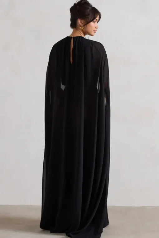 Envy | Black Gathered Maxi Dress With Chiffon Cape