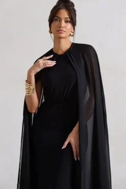 Envy | Black Gathered Maxi Dress With Chiffon Cape