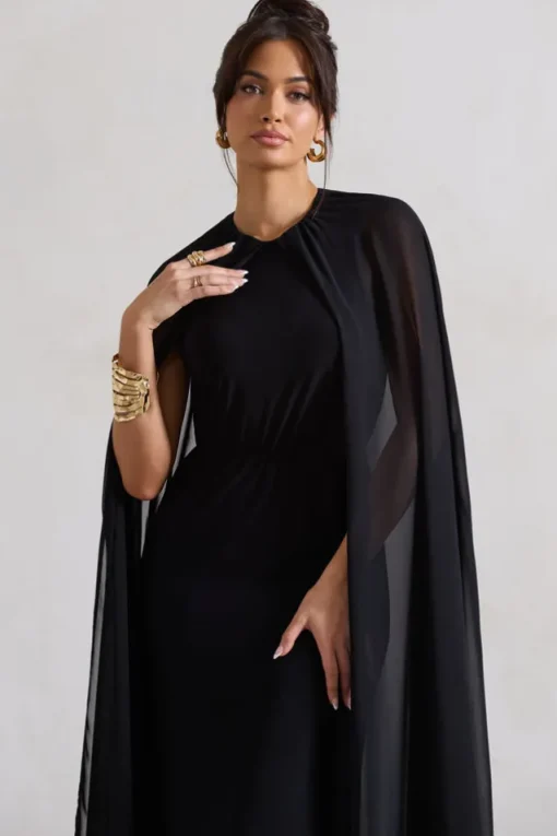 Envy | Black Gathered Maxi Dress With Chiffon Cape