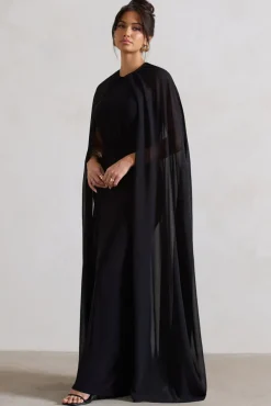 Envy | Black Gathered Maxi Dress With Chiffon Cape