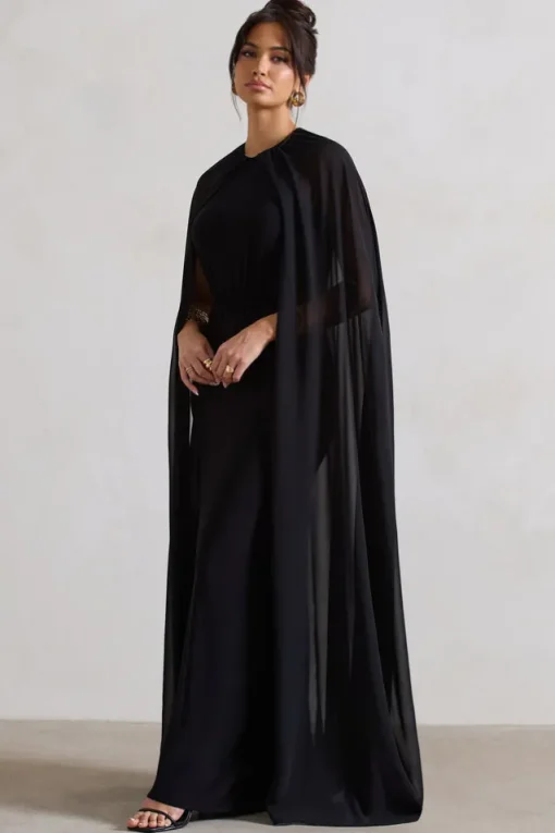Envy | Black Gathered Maxi Dress With Chiffon Cape