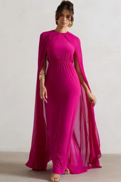 Envy | Pink High-Neck Maxi Dress With Chiffon Cape