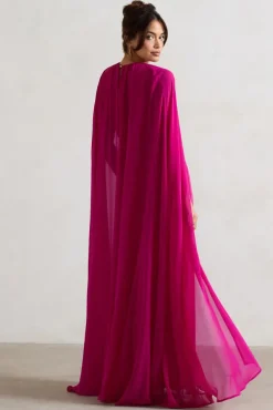 Envy | Pink High-Neck Maxi Dress With Chiffon Cape