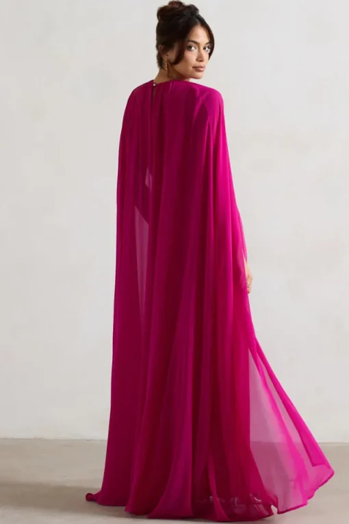 Envy | Pink High-Neck Maxi Dress With Chiffon Cape