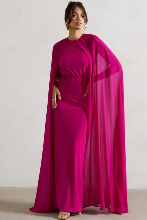 Envy | Pink High-Neck Maxi Dress With Chiffon Cape