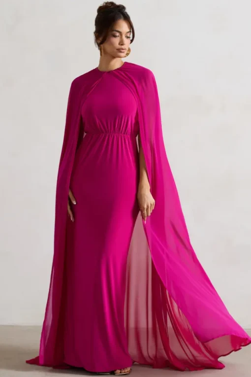 Envy | Pink High-Neck Maxi Dress With Chiffon Cape