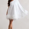 Epiphany | White One Shoulder Cape Sleeve Mini Dress With Feathers