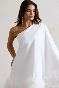 Epiphany | White One Shoulder Cape Sleeve Mini Dress With Feathers