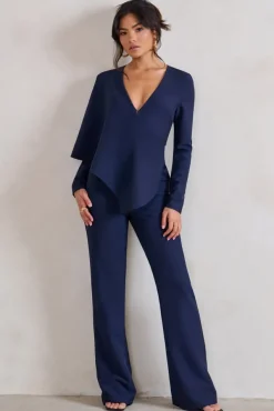 Erika | Navy Plunge Jumpsuit with One-Shoulder Cape Overlay