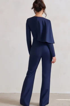 Erika | Navy Plunge Jumpsuit with One-Shoulder Cape Overlay