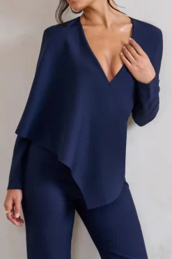 Erika | Navy Plunge Jumpsuit with One-Shoulder Cape Overlay