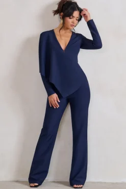 Erika | Navy Plunge Jumpsuit with One-Shoulder Cape Overlay