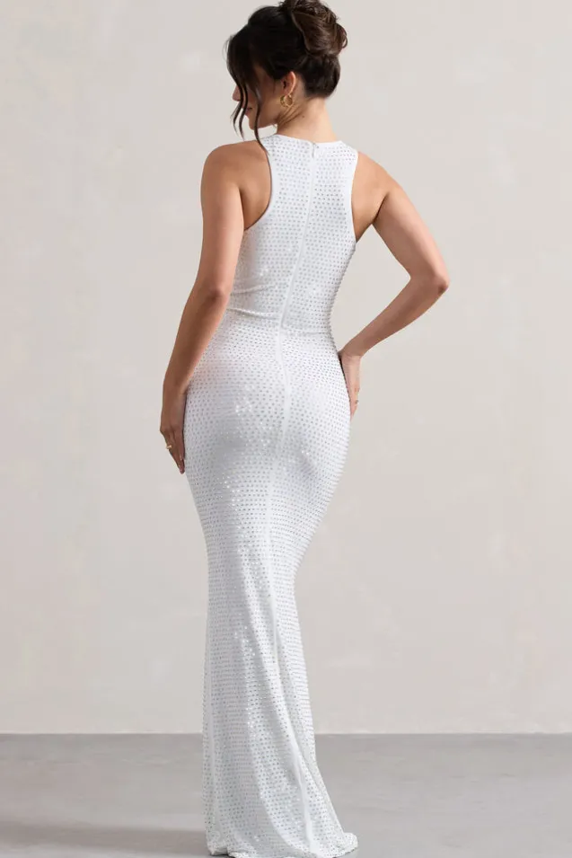 Escala | White Embellished Racer-Neck Maxi Dress