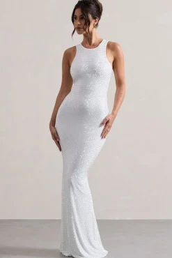 Escala | White Embellished Racer-Neck Maxi Dress