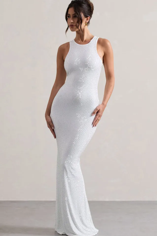 Escala | White Embellished Racer-Neck Maxi Dress