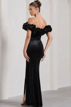 Esmeralda | Black Velvet Structured Ruffled Bardot Maxi Dress