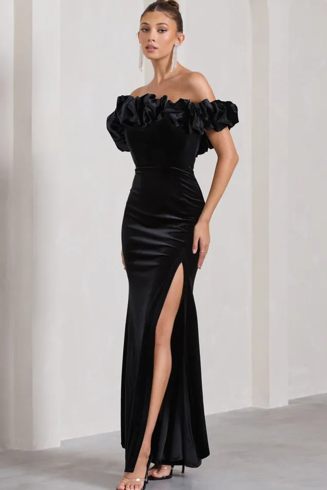 Esmeralda | Black Velvet Structured Ruffled Bardot Maxi Dress