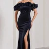 Esmeralda | Navy Velvet Structured Ruffled Bardot Maxi Dress