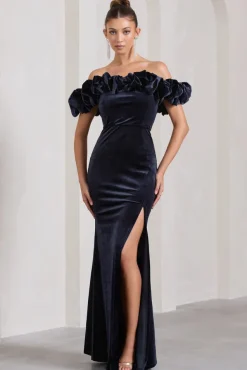 Esmeralda | Navy Velvet Structured Ruffled Bardot Maxi Dress