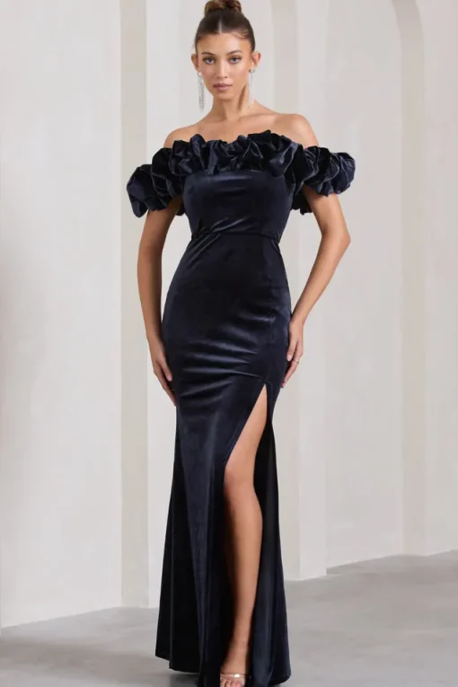 Esmeralda | Navy Velvet Structured Ruffled Bardot Maxi Dress